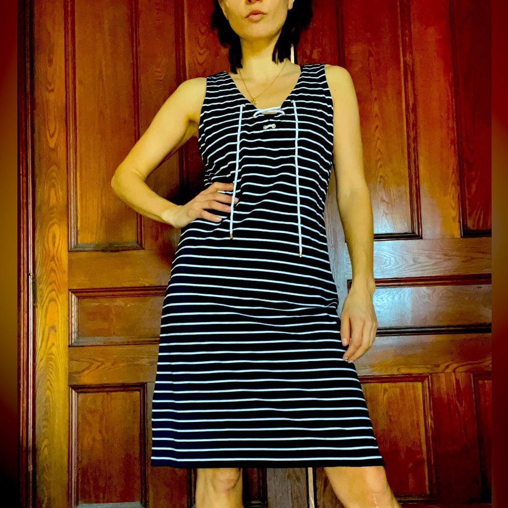 NWT Lauren Ralph Lauren Navy Striped lace-up tank dress size Medium
